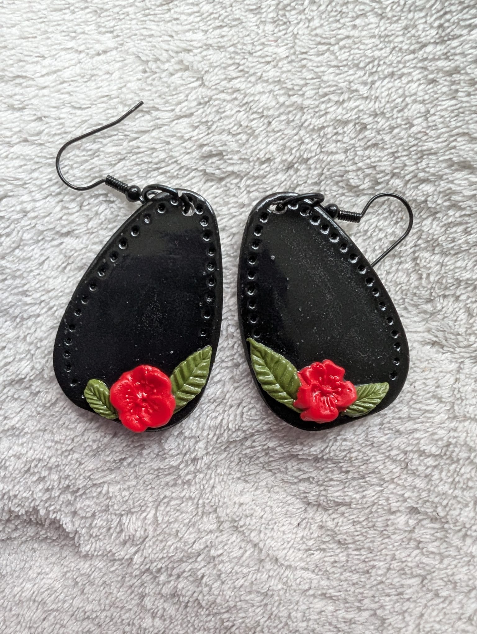 Handcrafted Red Rose Black Earrings French Hook
