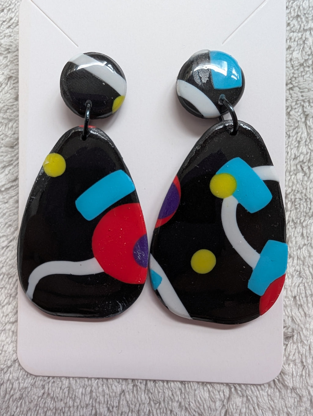 80s Music TV Inspired Stud Earrings - Bold Geometric Pattern with Epoxy Resin