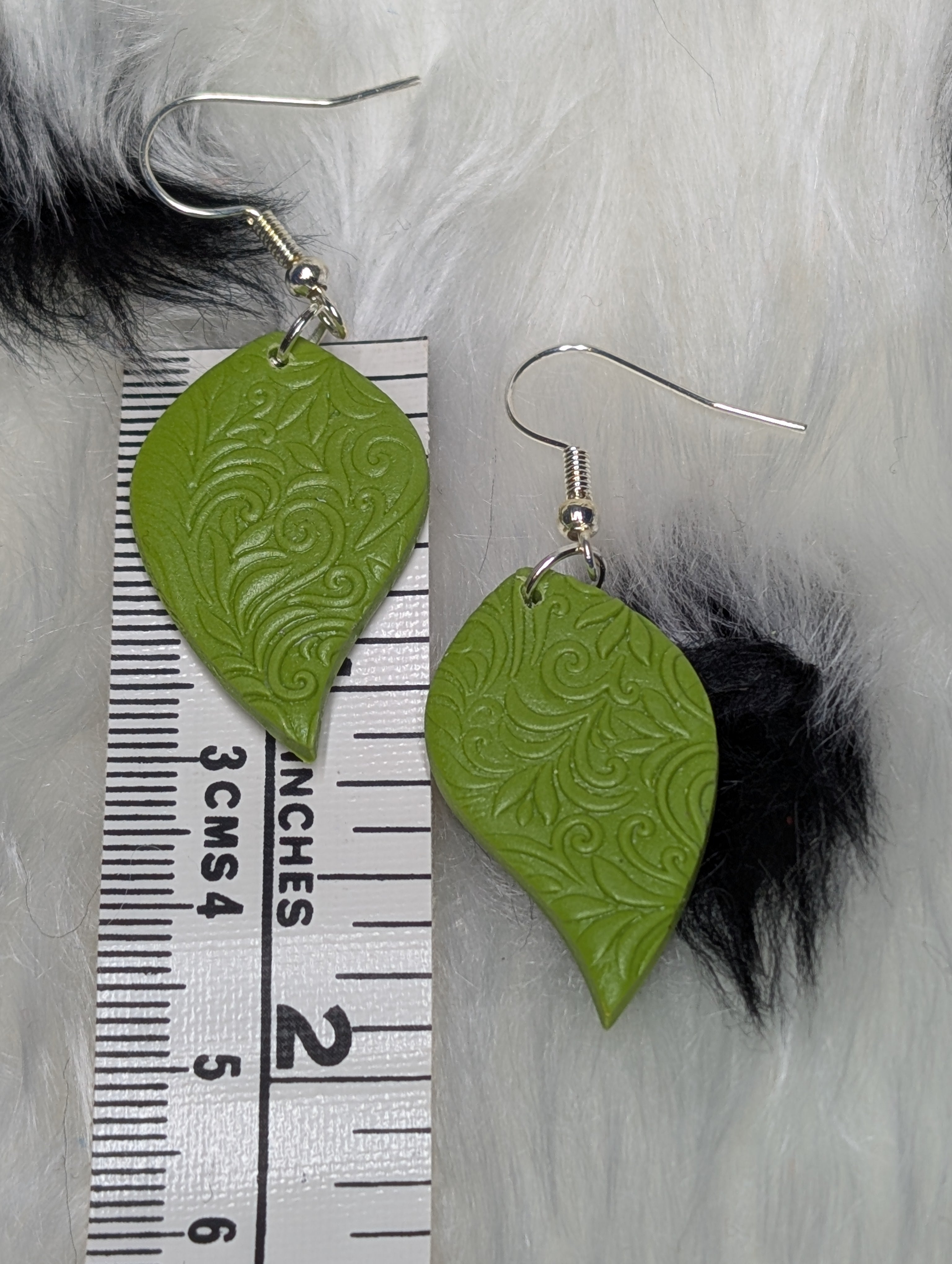 Olive Green Leaf-Shaped Embossed Polymer Clay Earrings