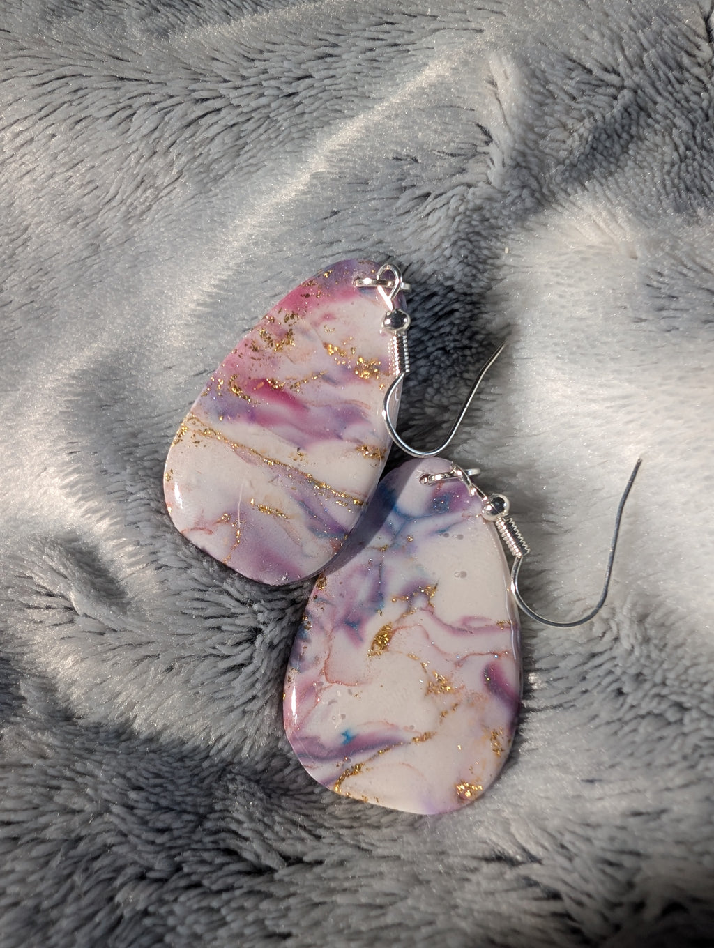 Handmade Marble Effect Earrings with Gold Leaf - Pink Purple White