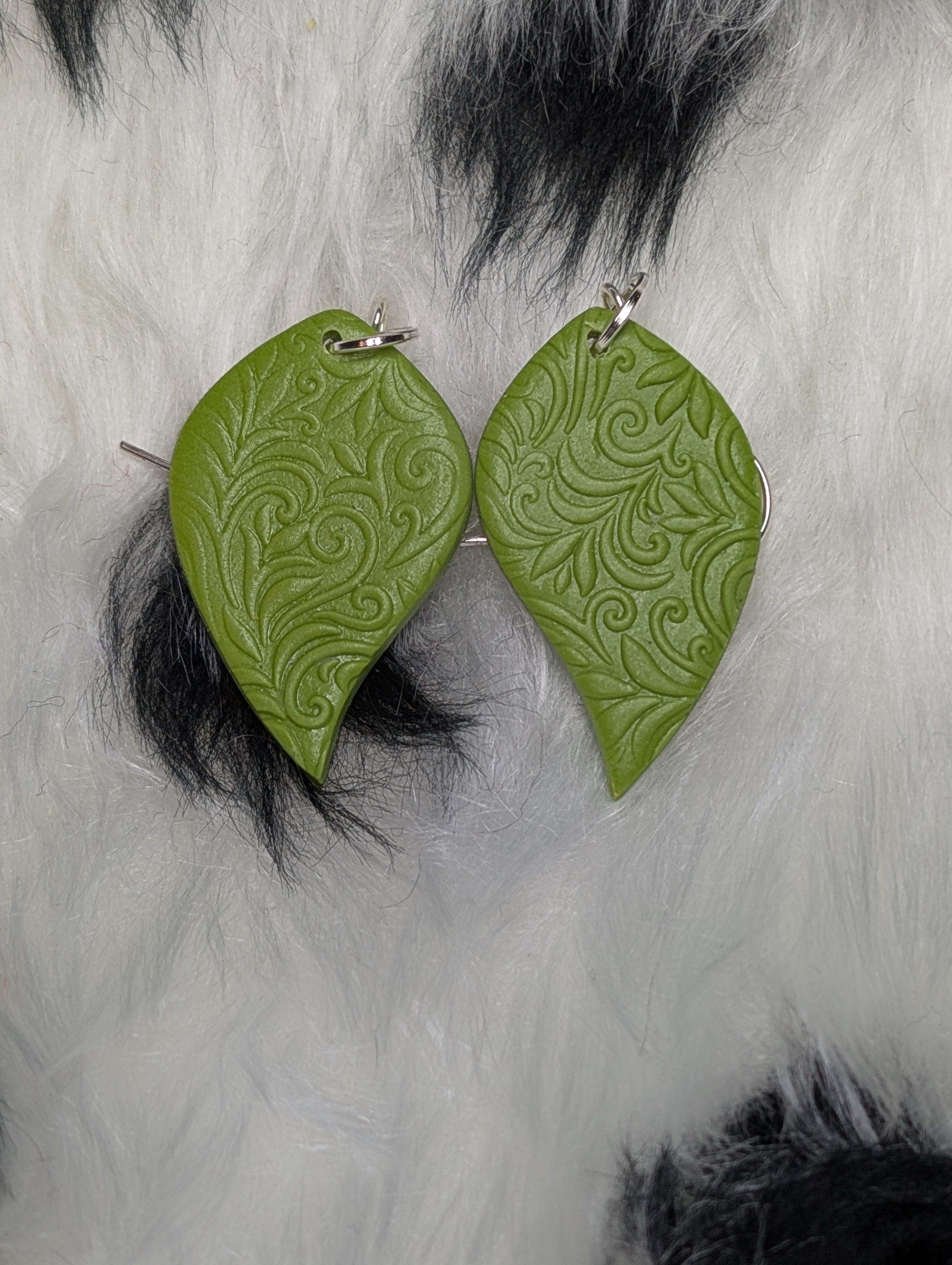 Olive Green Leaf-Shaped Embossed Polymer Clay Earrings
