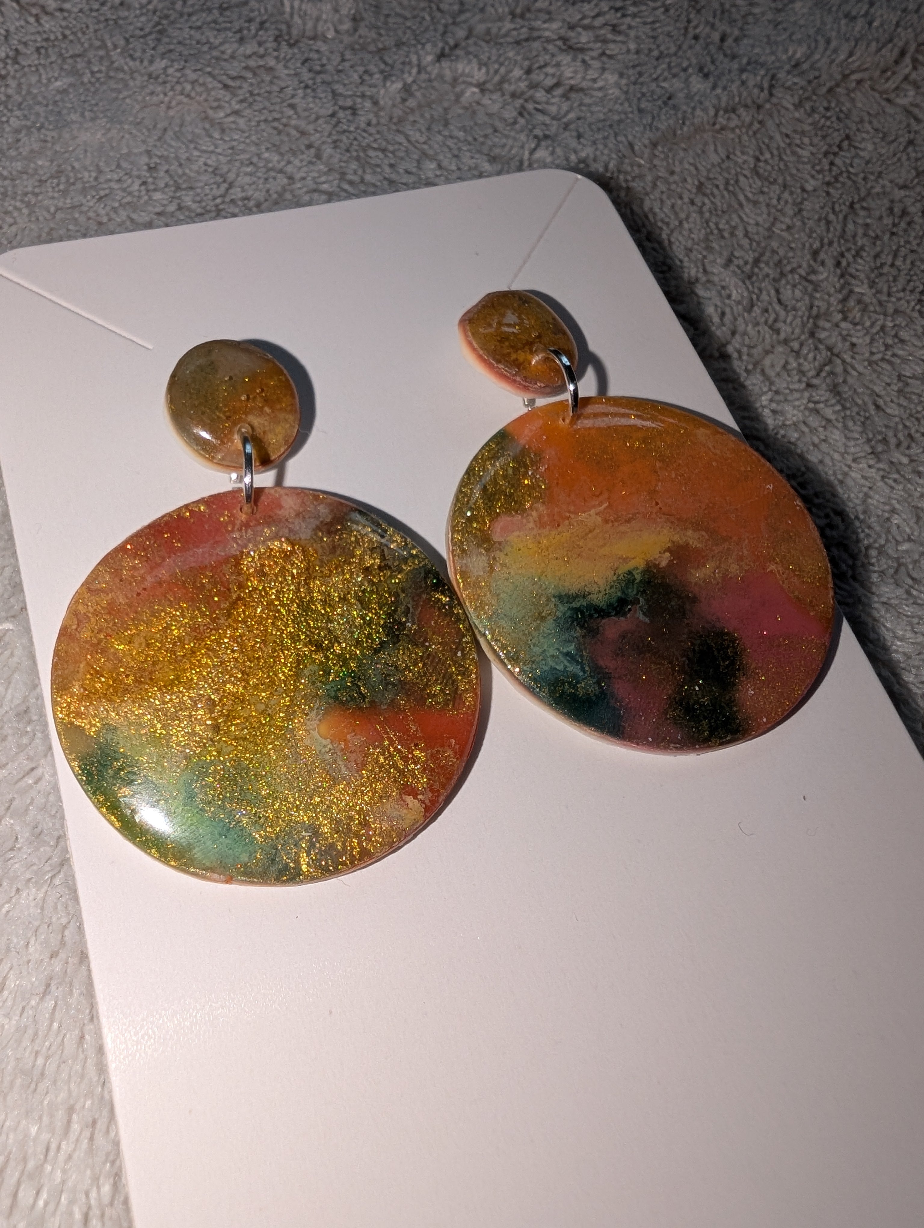 Round Autumn Galaxy Stud Earrings - Polymer Clay & Alcohol Ink