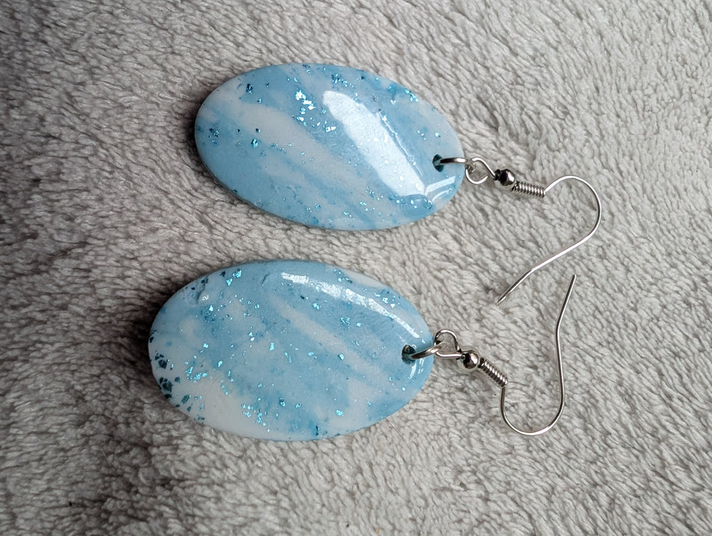 Ocean Swirl Sparkly Earrings - Polymer Clay with Epoxy Resin Glaze