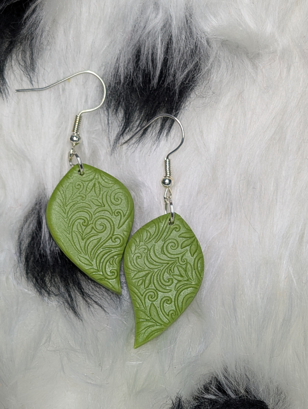 Olive Green Leaf-Shaped Embossed Polymer Clay Earrings
