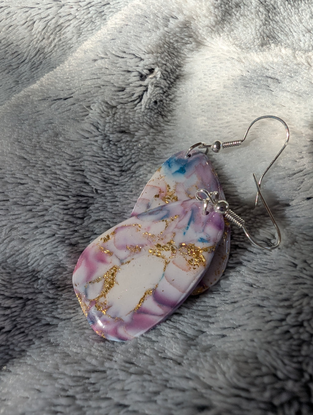 Handmade Marble Effect Earrings with Gold Leaf - Pink Purple White