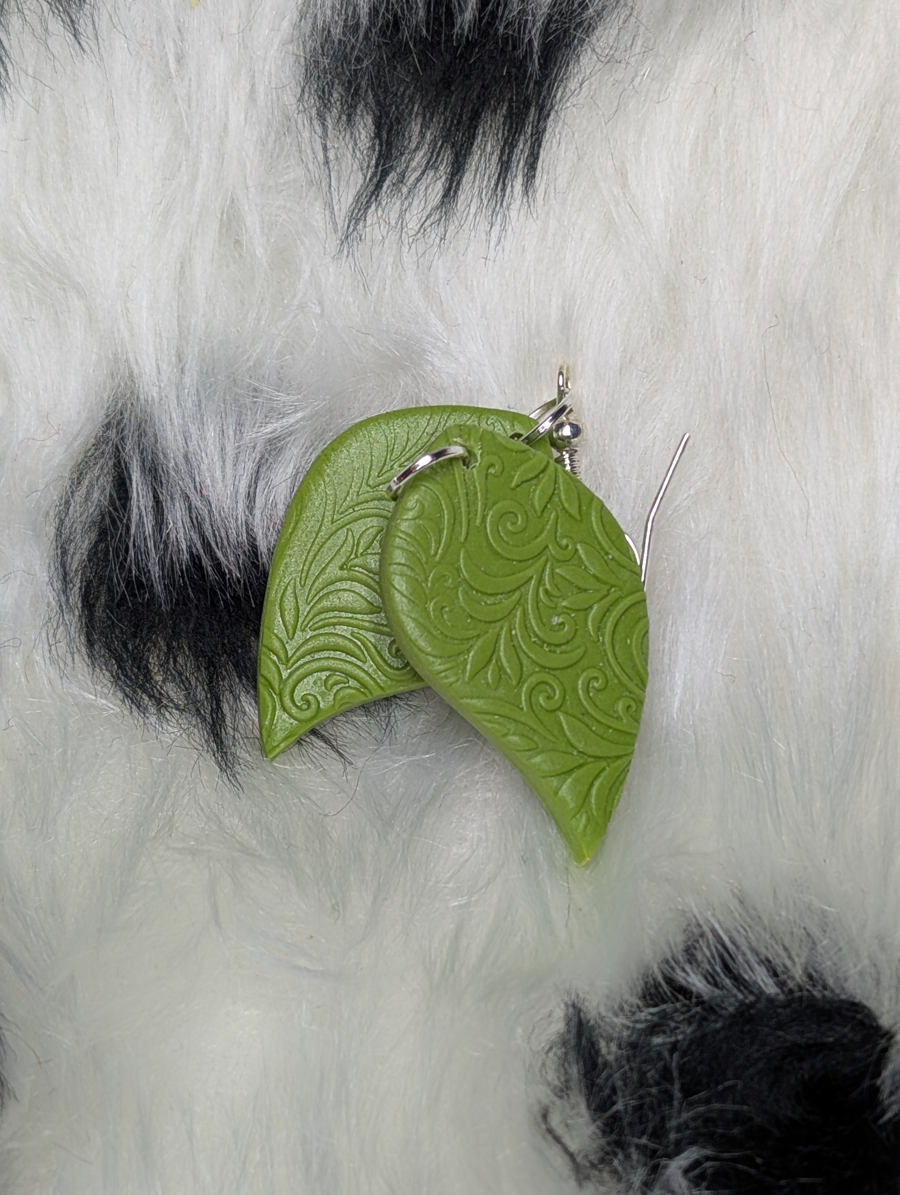 Olive Green Leaf-Shaped Embossed Polymer Clay Earrings