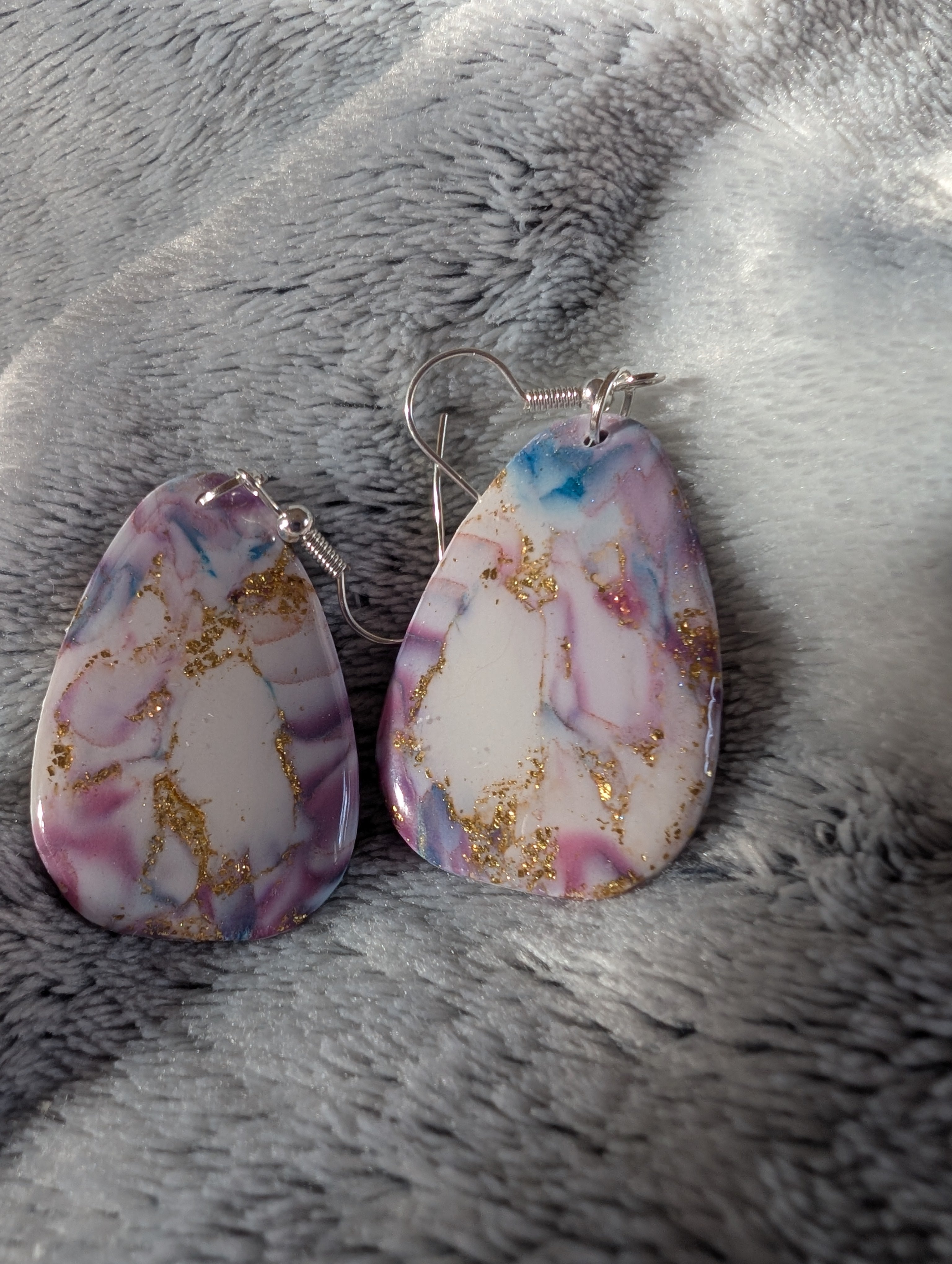 Handmade Marble Effect Earrings with Gold Leaf - Pink Purple White