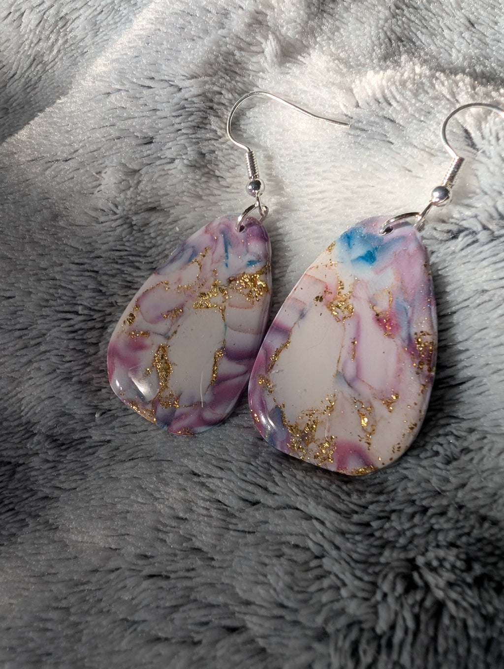 Handmade Marble Effect Earrings with Gold Leaf - Pink Purple White