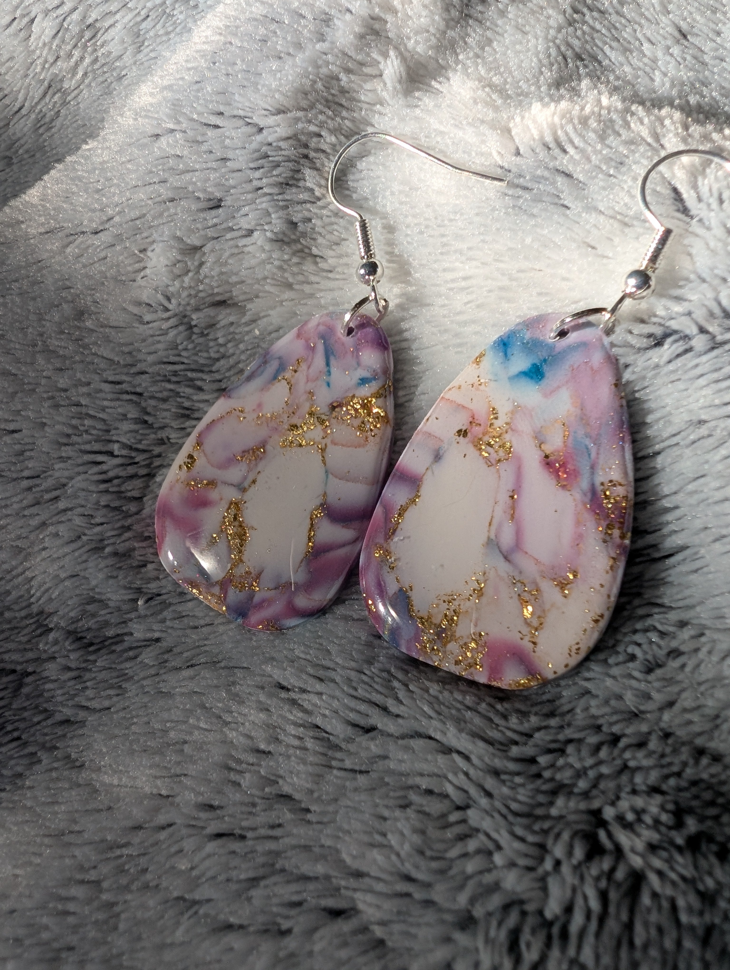 Handmade Marble Effect Earrings with Gold Leaf - Pink Purple White