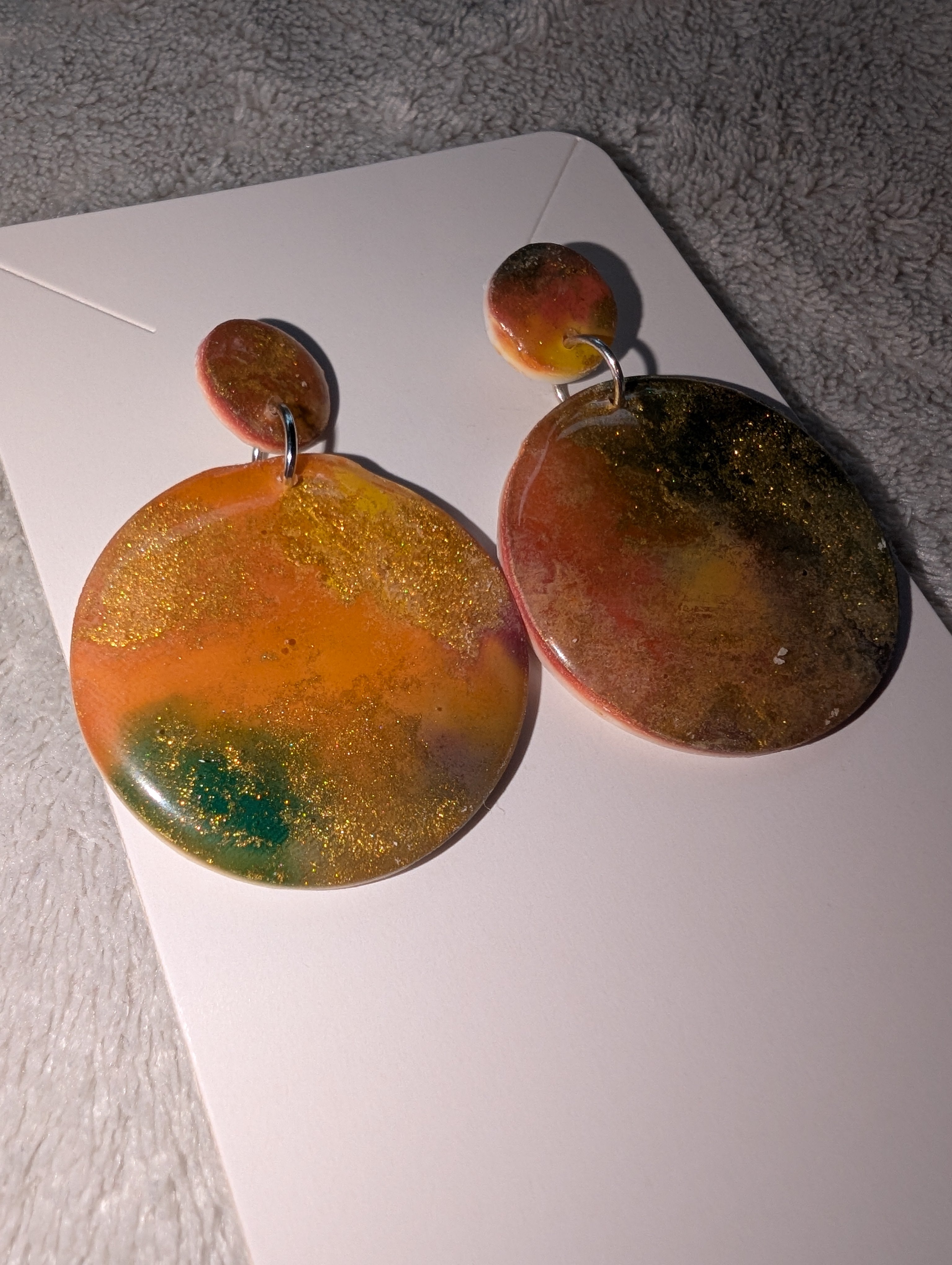 Round Autumn Galaxy Stud Earrings - Polymer Clay & Alcohol Ink