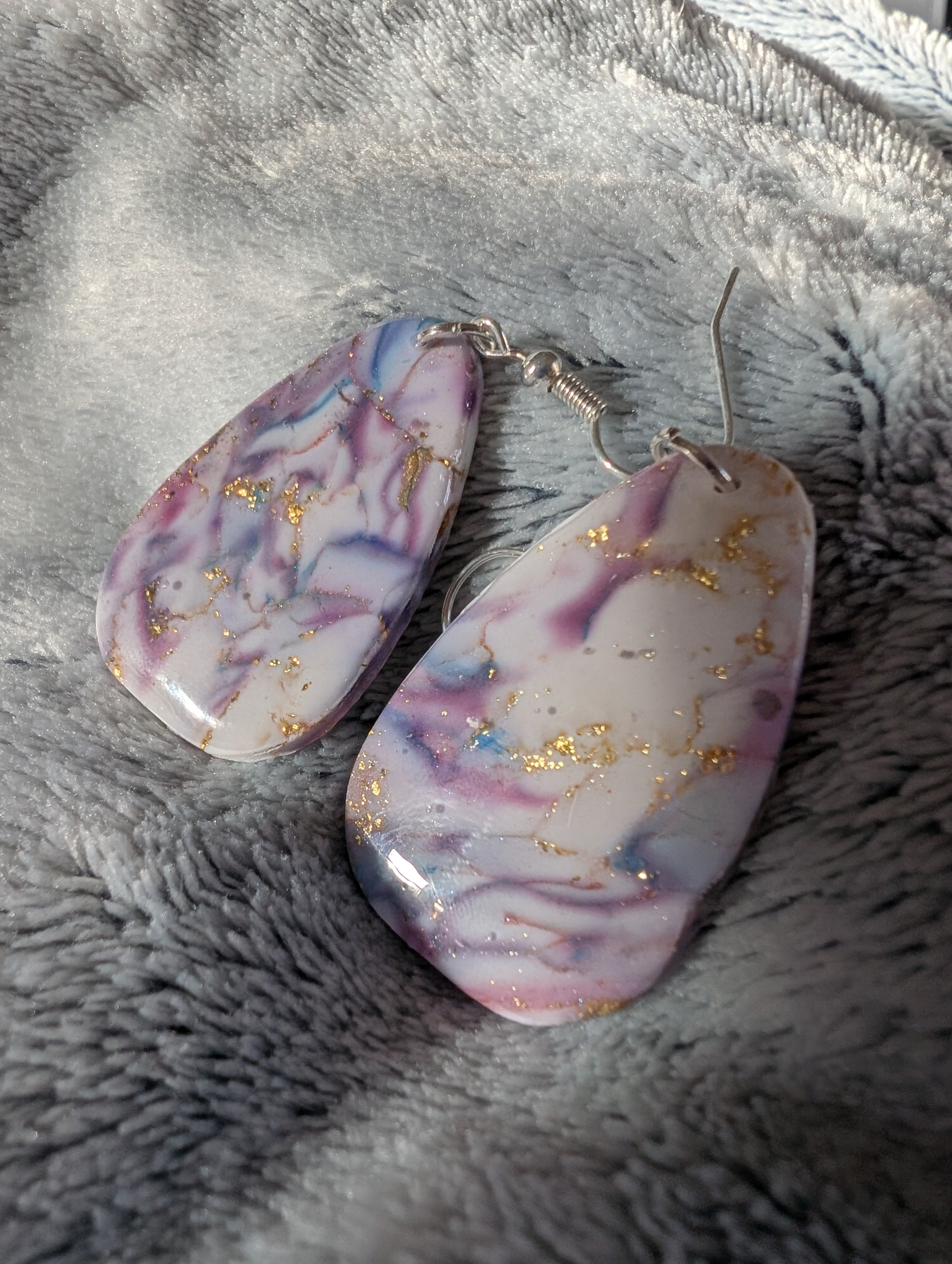 Handmade Marble Effect Earrings with Gold Leaf - Pink Purple White