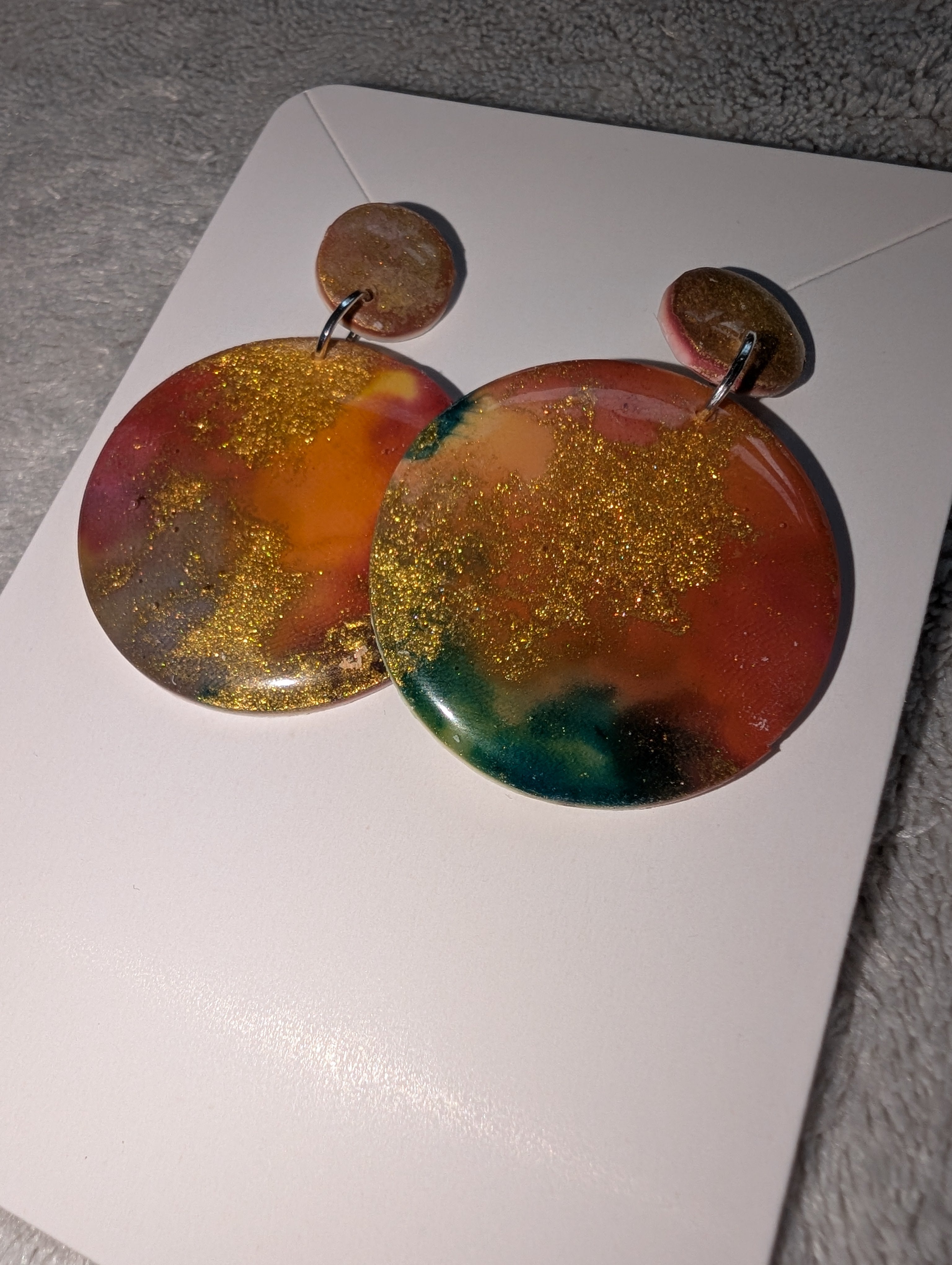 Round Autumn Galaxy Stud Earrings - Polymer Clay & Alcohol Ink