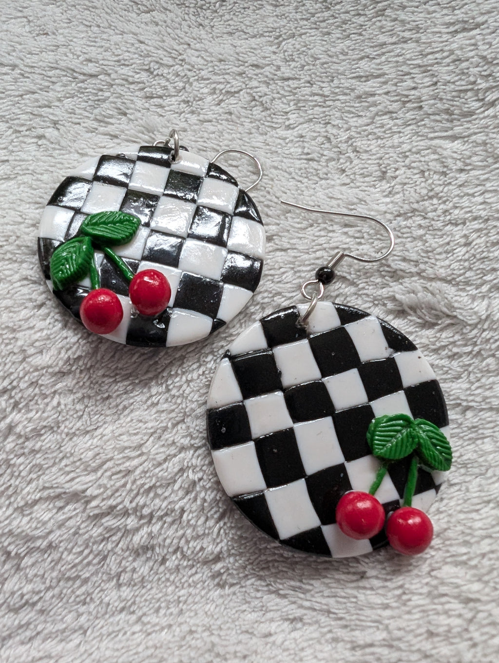 Ska Checkerboard Cherry Earrings - Handcrafted Polymer Clay