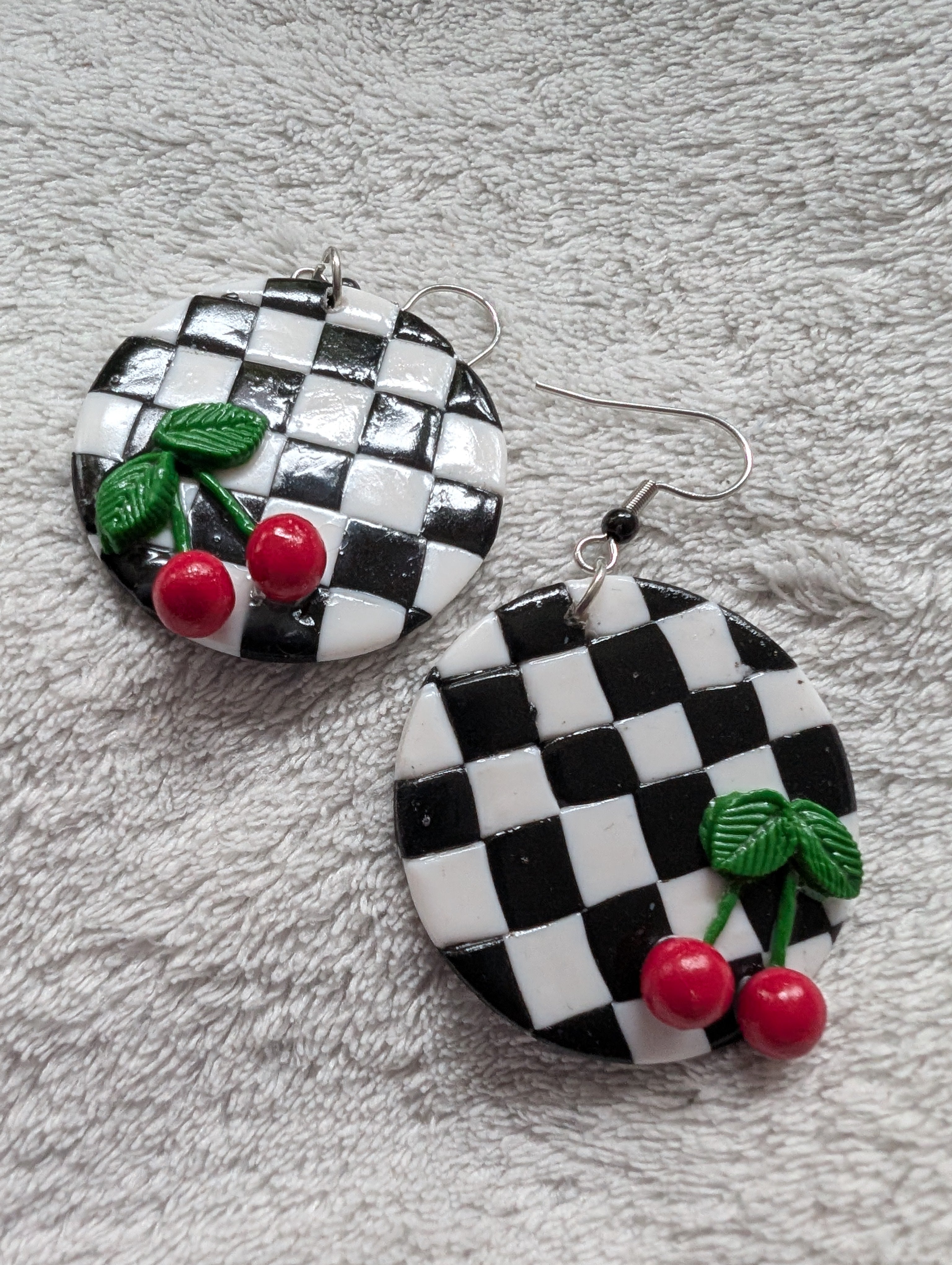 Ska Checkerboard Cherry Earrings - Handcrafted Polymer Clay