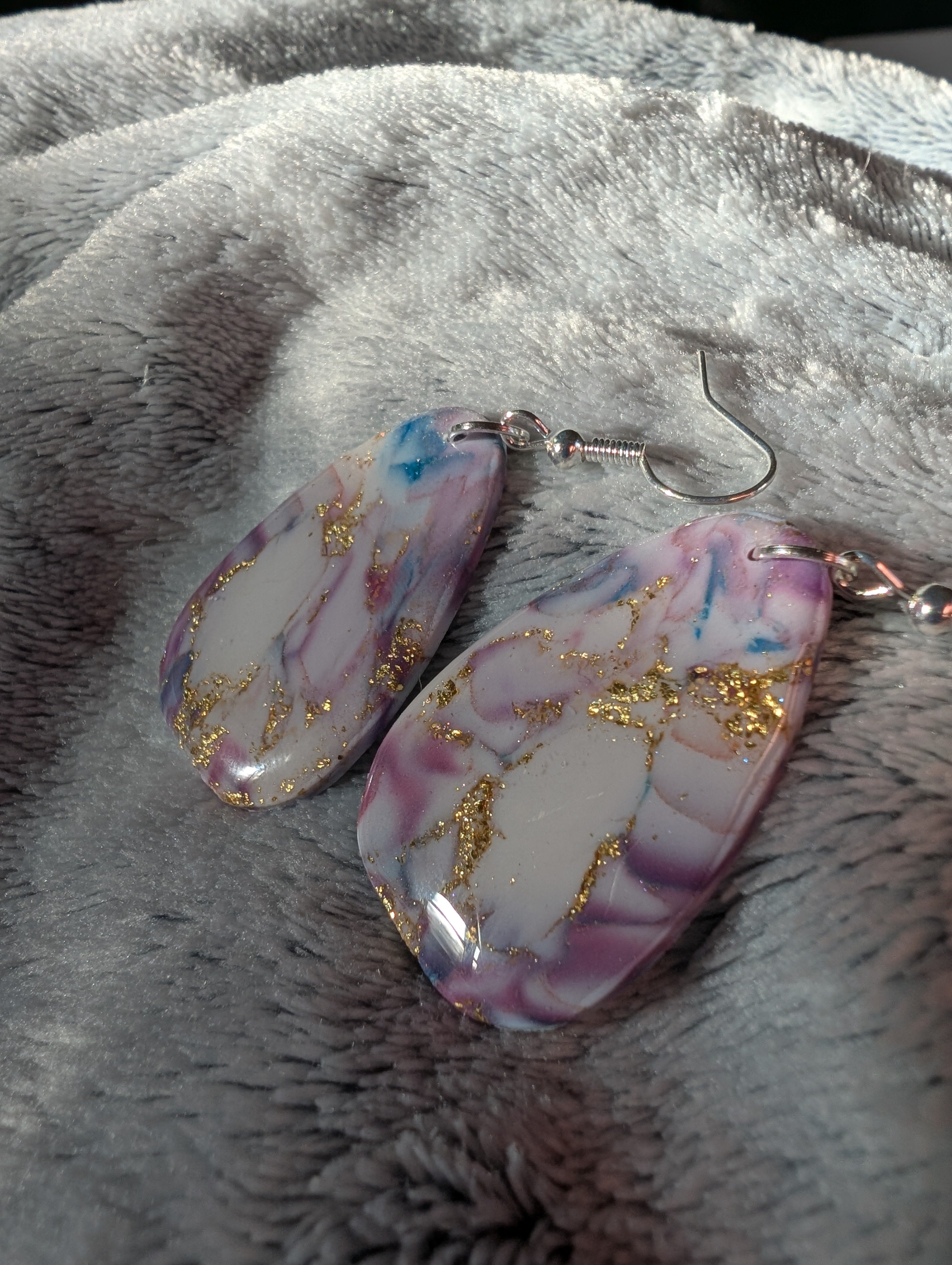 Handmade Marble Effect Earrings with Gold Leaf - Pink Purple White